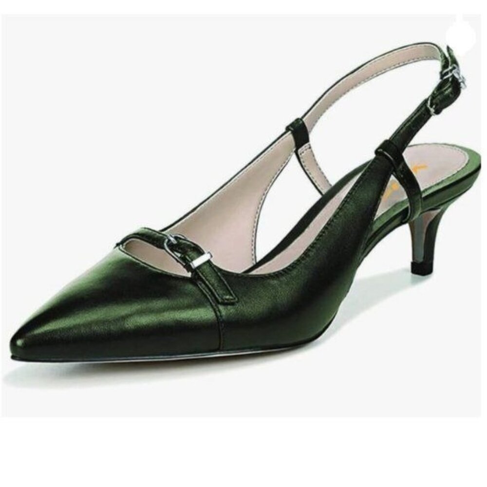 XYD Dark Olive Green Pointy Toe Buckle Strap Slingback Sandals Low Heel Shoes